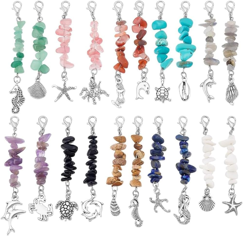 PH PandaHall 20pcs Natural Gemstone Chips Pendant Decoration Stone Bead Keychain Charms with Lobster Clasps Alloy Sea Animal Pendant Keychain for Bag Jewelry Keychains Ornament Decor