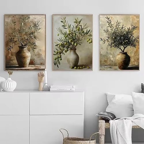 SDVIB Vintage kitchen wall art, olive motifs, green botanical canvas prints, rustic wall decoration olive branches(50x70cm/3PCS Frameless)