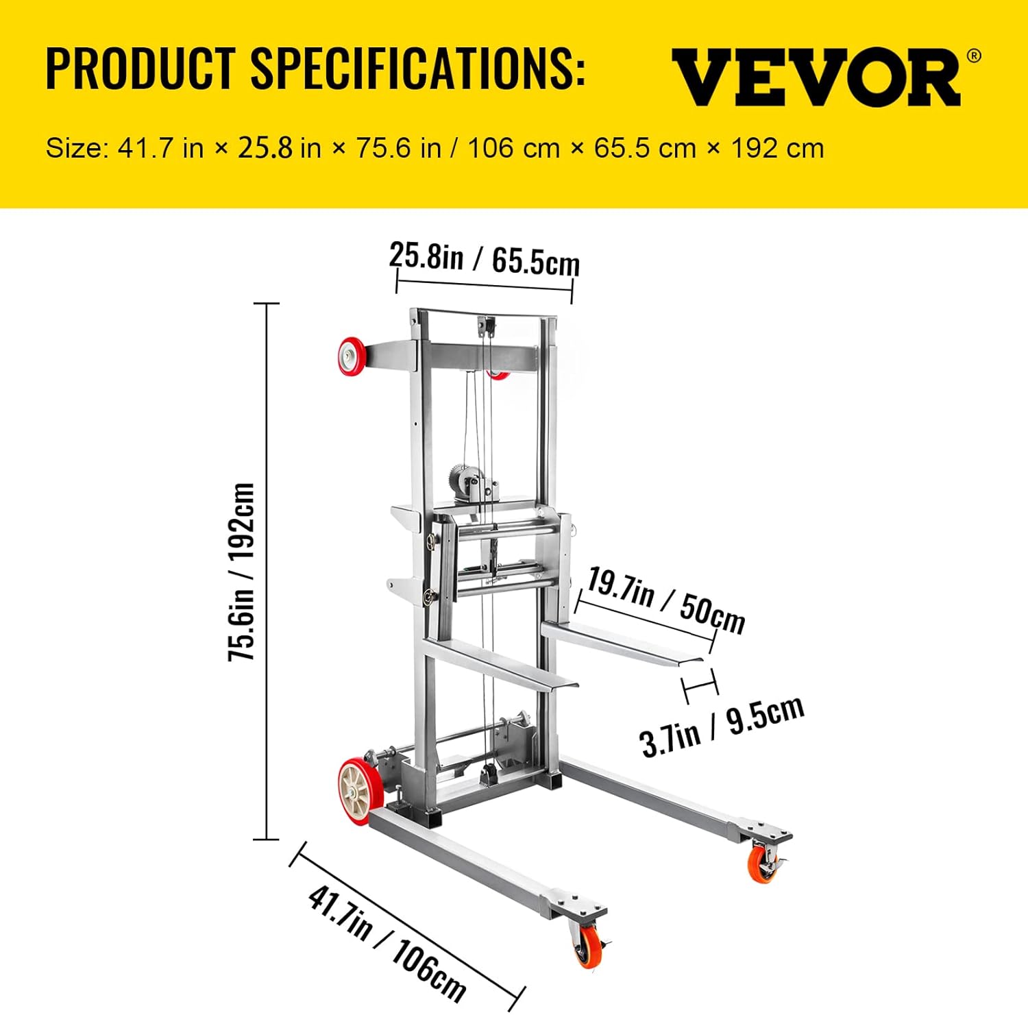 VEVOR Manual Winch Stacker, 41.7" Length, 25.8" Width, 75.6" Height, 8.7" - 106" Height Range, Adjustable Straddle Hand Winch Lift Truck, 441 lbs Capacity, Material Lifts for Warehouse and Factory: Industrial & Scientific