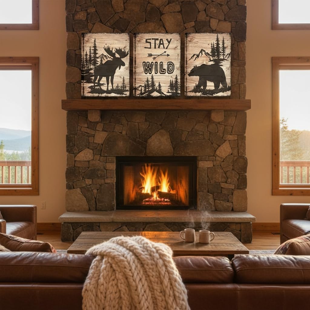DuoBaorom Woodland Cabin Decor Moose and Bear Silhouettes Print 3 Piece Wall Art 12 x 16 inches