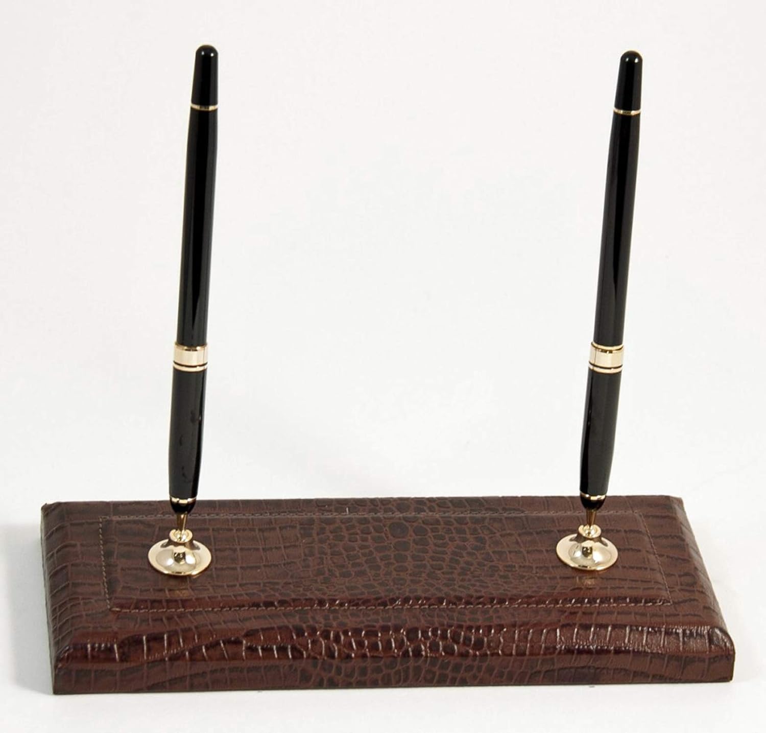 GREENWICH BROWN CROCO LEATHER DOUBLE PEN STAND - PEN HOLDER