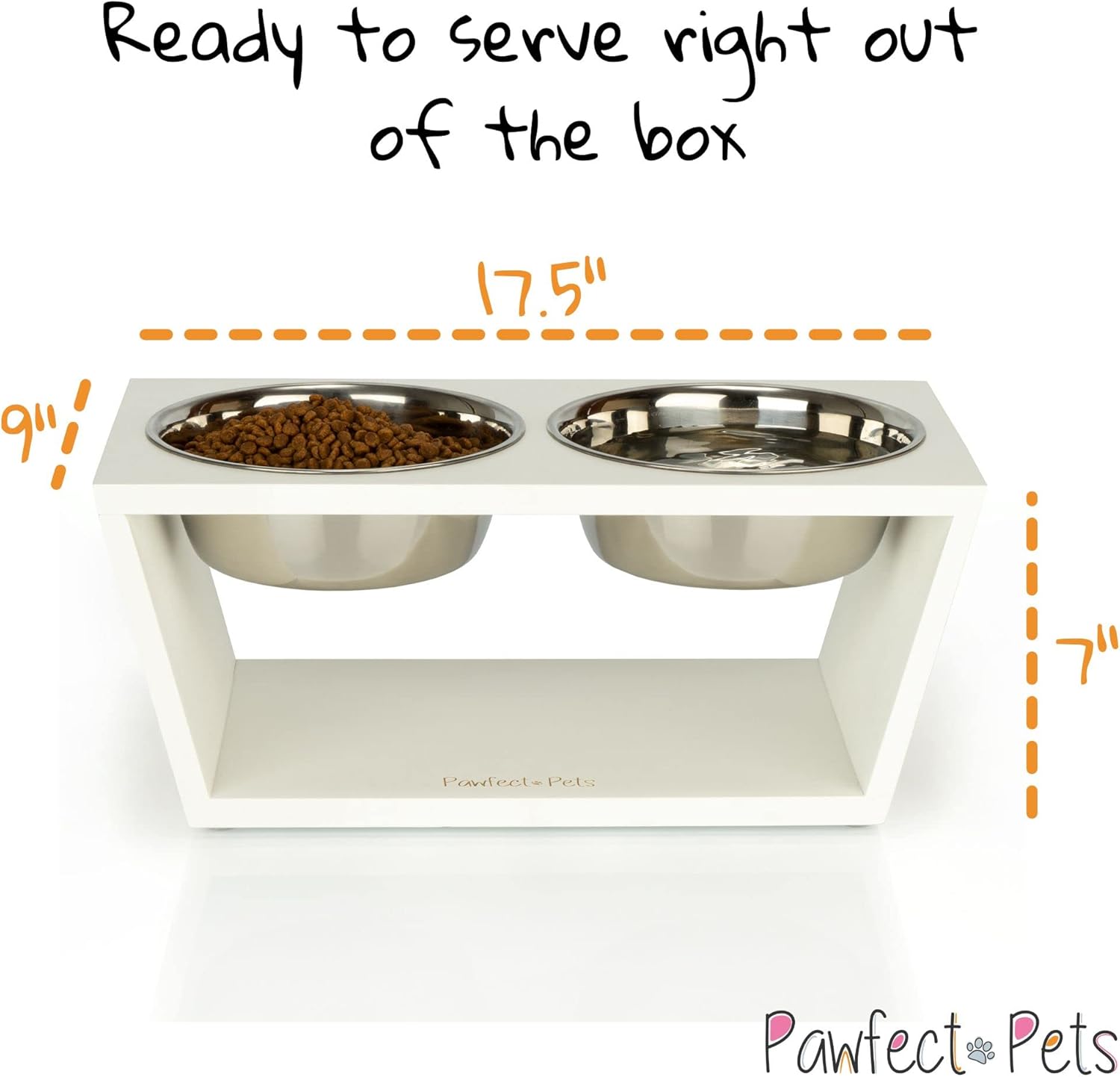 Pawfect Pets Elevated Dog Bowl Stand- 7" Raised Dog Bowl for Medium Dogs. Pet Feeder with Four Stainless Steel Bowls (White)