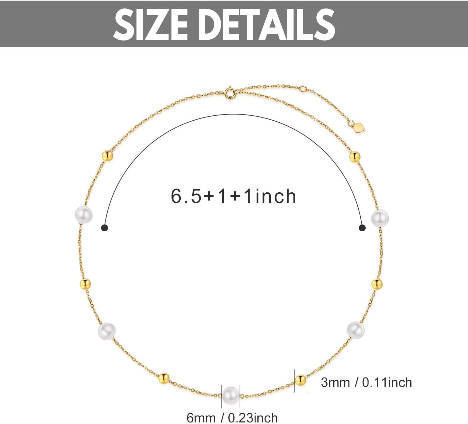 14K Gold Pearl Bracelet for Women Freshwater Cultured Pearl Beads Bracelet Station Tin Cup Pearl Bracelet with Link Chain Dainty Jewelry Gifts for Mom, Wife, 6.5''+1''+1''