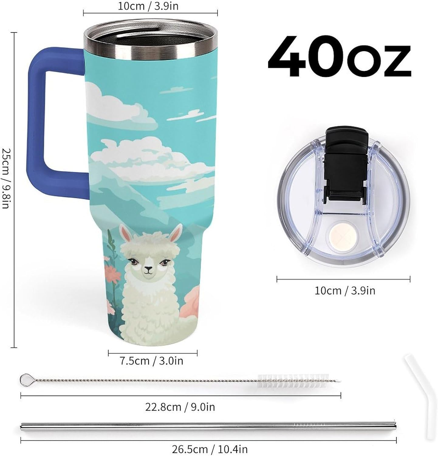 Lovely Alpaca Tumbler 40 Oz with Handle&Lid Large Car Cup Stainless Steel Vacuum Travel Mug Insulated Water Bottle Leak-proof Portable Coffee Cup for Home Car Outdoor
