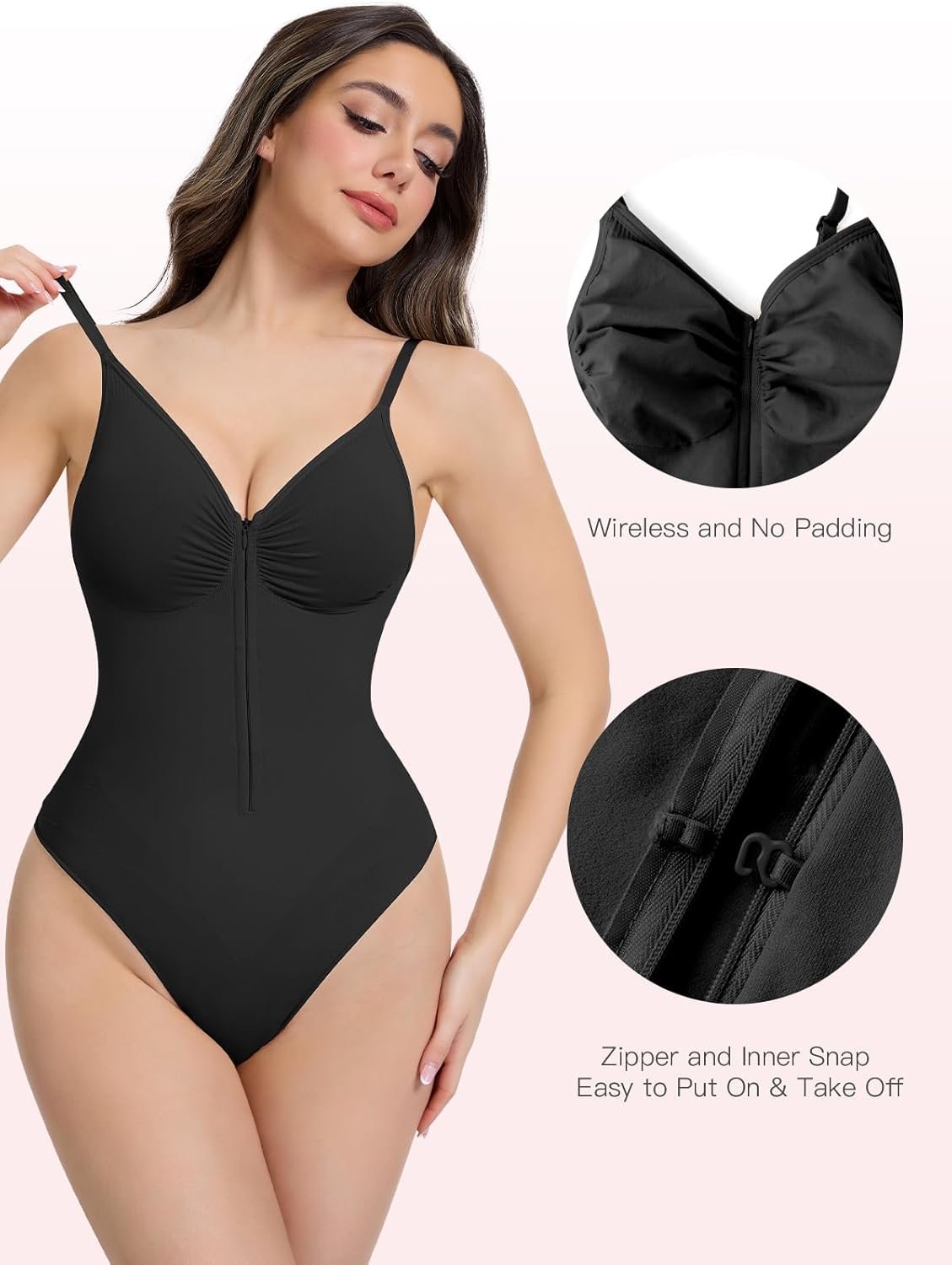 Slimers Thong Bodysuits Shapewear For Women：Zip Up Body Suit V Neck - Wireless Body Shaper With No Padding Going Out - Image 2