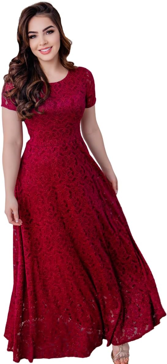 Vestido Feminino de Festa Longo Acinturado Mangas Curta Forrado Luxo e Glamour