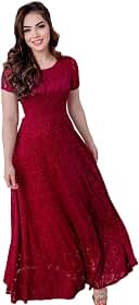 Vestido Feminino de Festa Longo Acinturado Mangas Curta Forrado Luxo e Glamour