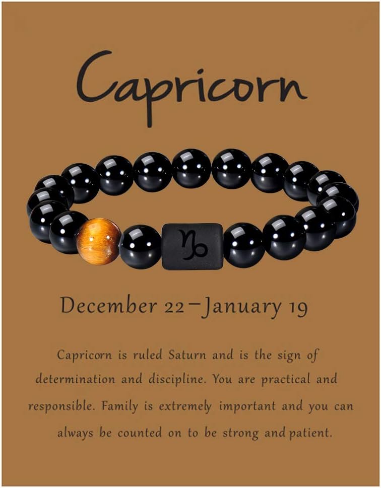 Zodiac Bracelet for Men Women, 8mm 10mm Natural Black Onyx Stone Star Sign Constellation Horoscope Bracelet Gifts