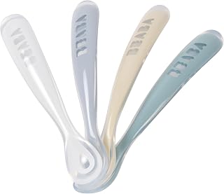 BÉABA, Set of 4 Silicone Spoons for Babies and Children, 1st Age, from 4 Months, Soft, Rounded Tip, Long Ergonomic Handle, Easy Grip, Rainbow
