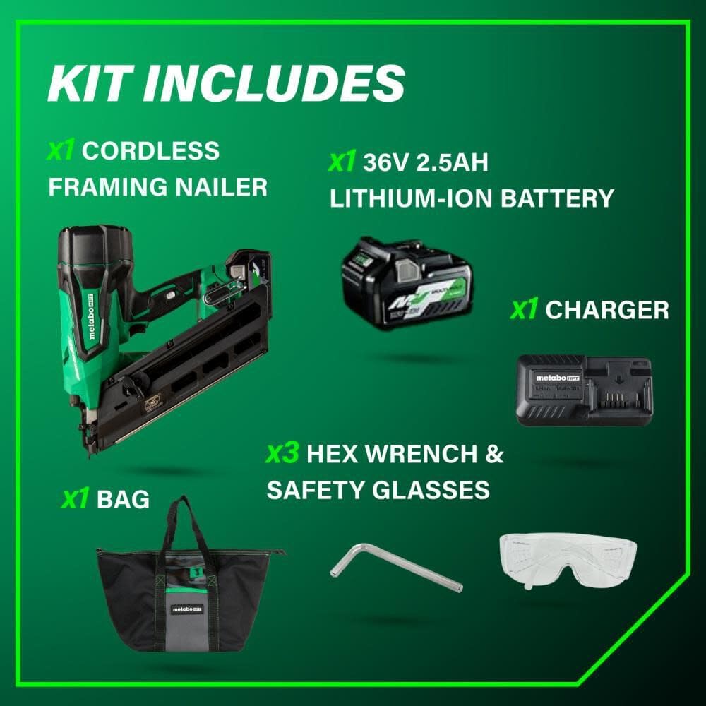 Metabo HPT 36V MultiVolt Cordless Paper Strip Framing Nailer | Includes Battery and Charger | NR3690DC