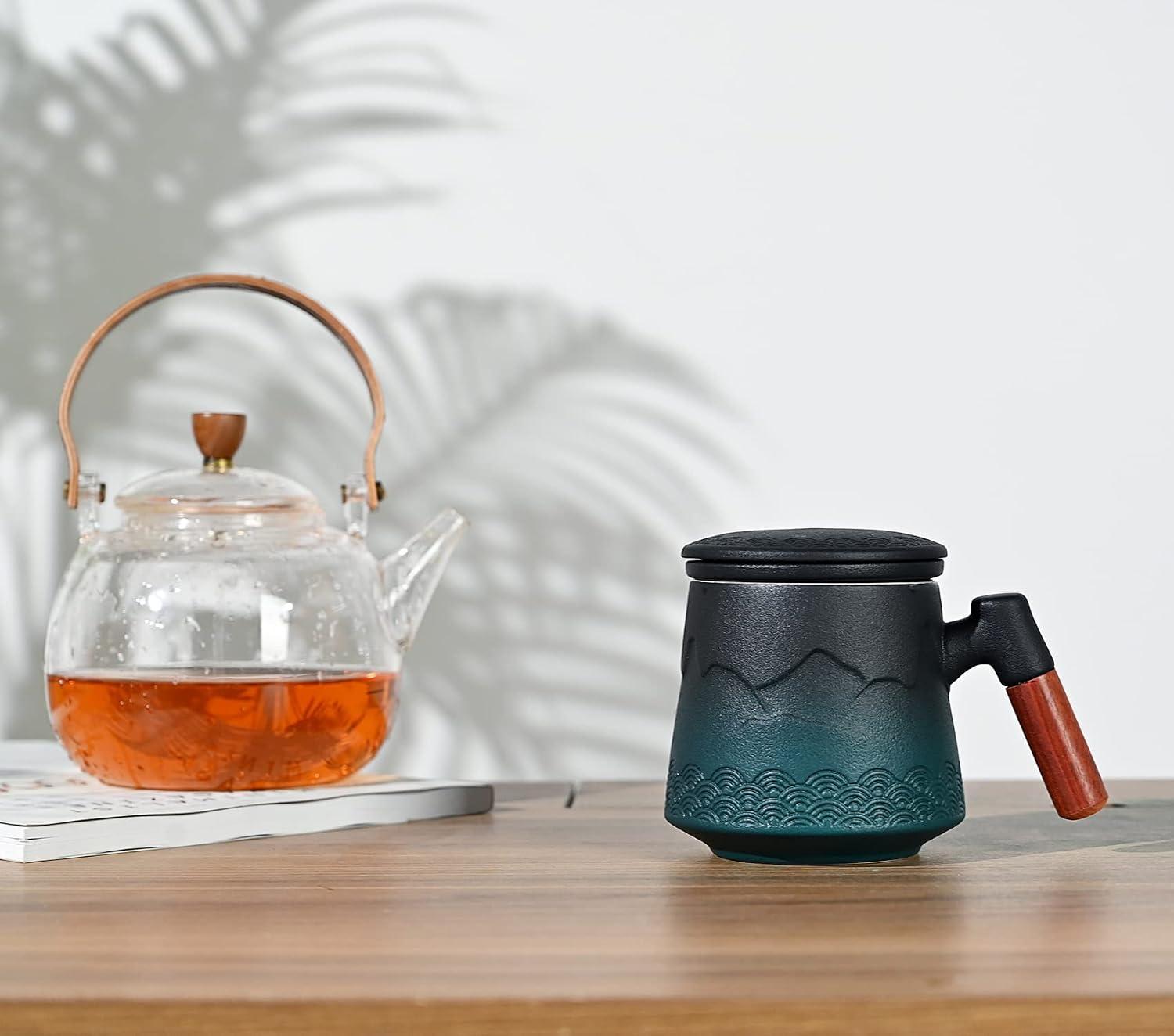 Tea Cup with Infuser and Lid, Gradual Wood Handle Ceramic Coffee Mug Green | Tea Mug Cups with Infuser, Capacity about 430ml/14.50 OZ, Suitable for Tea, Flower Buds, Coffee, Water, it is LEAD-FREE
