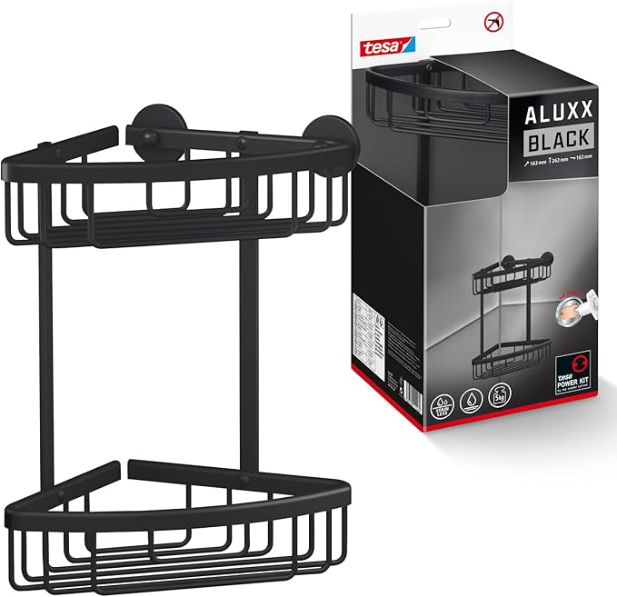 tesa ALUXX BLACK zweistöckige Eck-Duschablage zur Wandmontage ohne Bohren, schwarz matt – für Bäder im Industrial Style und moderne Badezimmer – mit Klebelösung – 163 mm x 260 mm x 170 mm tesa ALUXX BLACK zweistöckige Eck-Duschablage zur Wandmontage ohne Bohren, schwarz matt – für Bäder im Industrial Style und moderne Badezimmer – mit Klebelösung – 163 mm x 260 mm x 170 mm