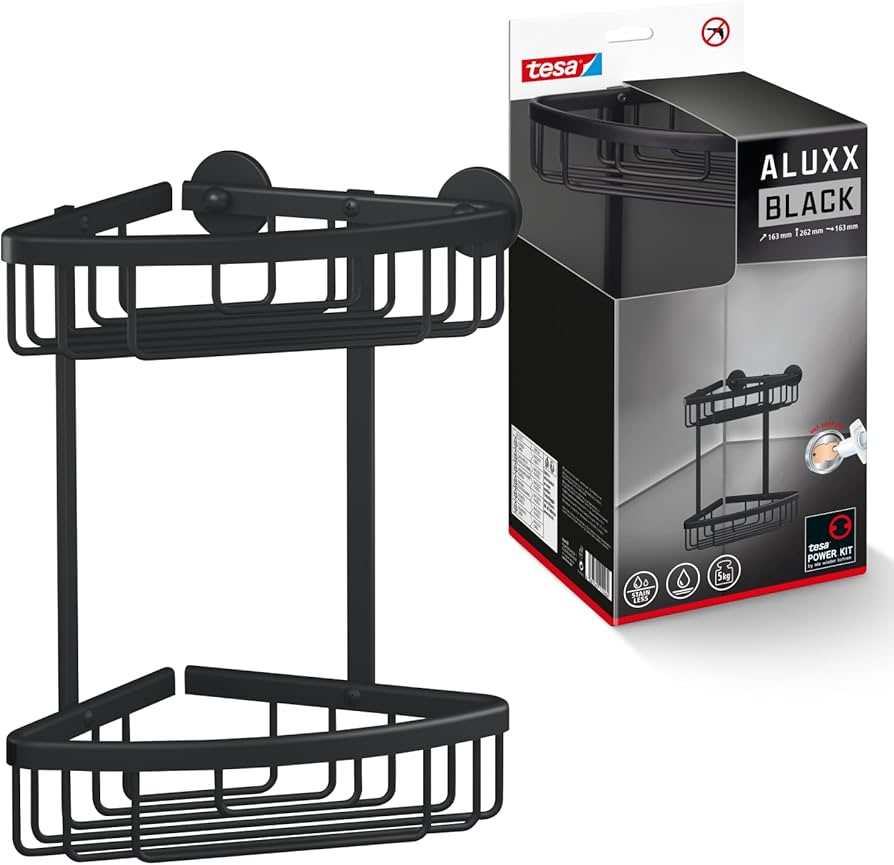 tesa ALUXX BLACK zweistöckige Eck-Duschablage zur Wandmontage ohne Bohren, schwarz matt - für Bäder im Industrial Style und moderne Badezimmer - mit Klebelösung - 163 mm x 260 mm x 170 mm