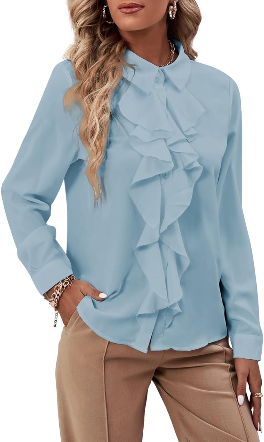 LYANER Women's Collar Neck Button Down Ruffle Front Long Sleeve Blouse Shirt Top