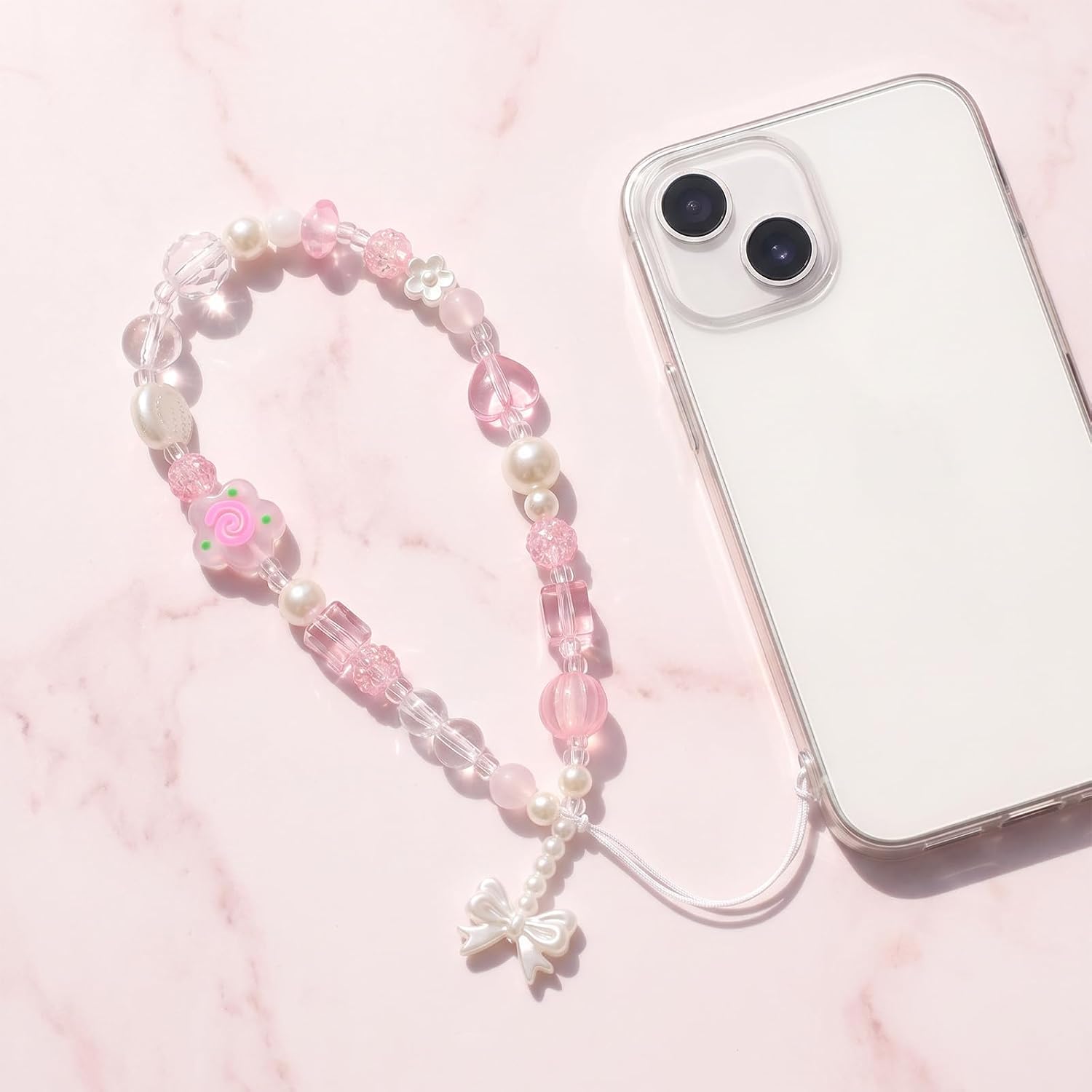 Ouligay Beaded Phone Wrist Strap Cute Crystal Pink Camera Wrist Strap image 2