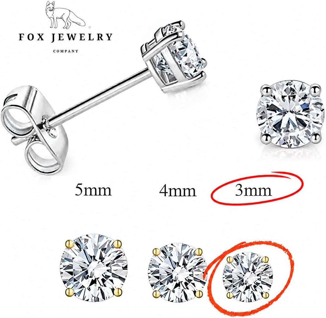 14k White Gold Diamond Stud Earrings for Women & Men, Simulated Diamond Solitaire Studs, VVS1 D Color Screw Back - Clear Blue & Pink Stone Styles, Luxury Gift Box