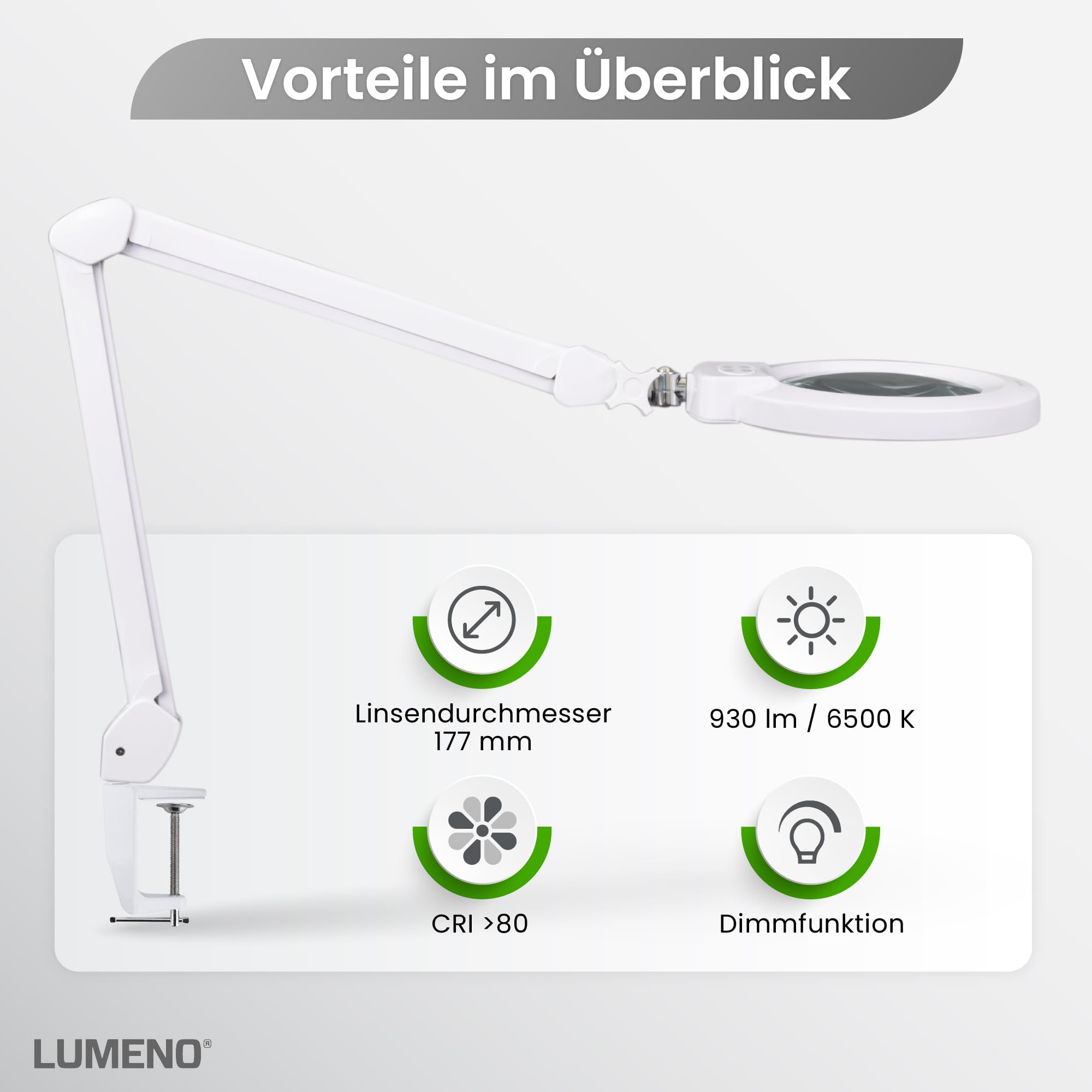 Lumeno 8245PRO LED Lupenleuchte mit großer 177 mm Echtglaslinse, dimmbar mit Segementschaltung und robustem Metallgehäuse ideal als Lesehilfe, für Handarbeit, Praxis Fußpflege, 5 Dioptrien