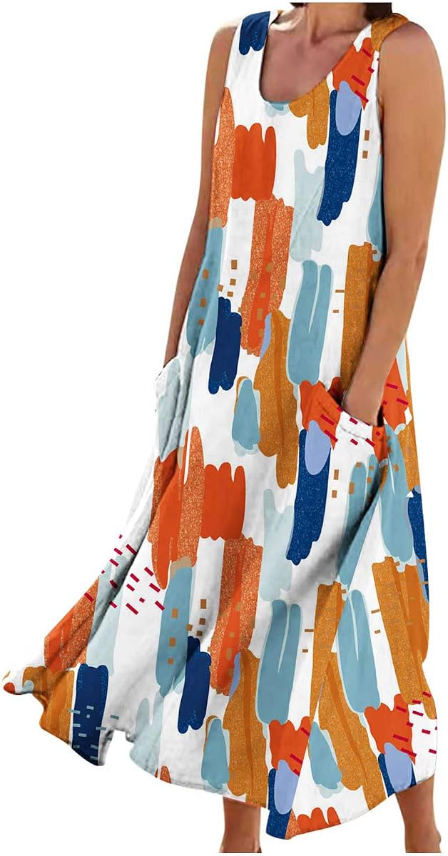 SMIDOW Vestido largo de verano de algodón y lino para mujer, sin mangas, elegante, fluido, talla grande, suelto, cómodo, con bolsillos