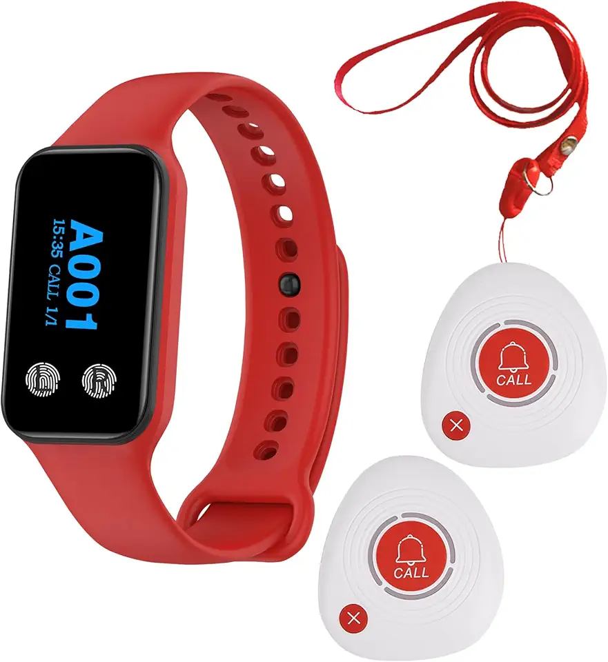 Sistema de chamada de pager sem fio para cuidadores, sistema de alerta de enfermeira com 1 pager de relógio e 2 botões de chamada de 2 teclas