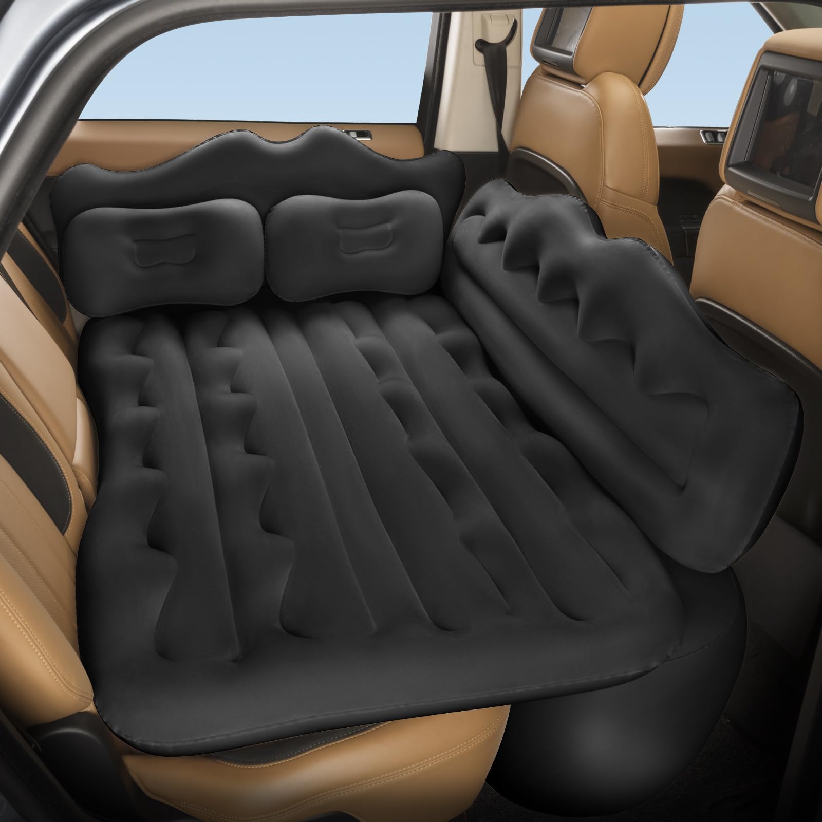 BEBAS Car Air Mattress - Inflatable Truck Camping Mattress for Back Seat, Thickened SUV Portable Travel Sleeping Pads with 2 Pillows & Air Pumps, Fits Most Sedan/Pickup/Van, Black Bed