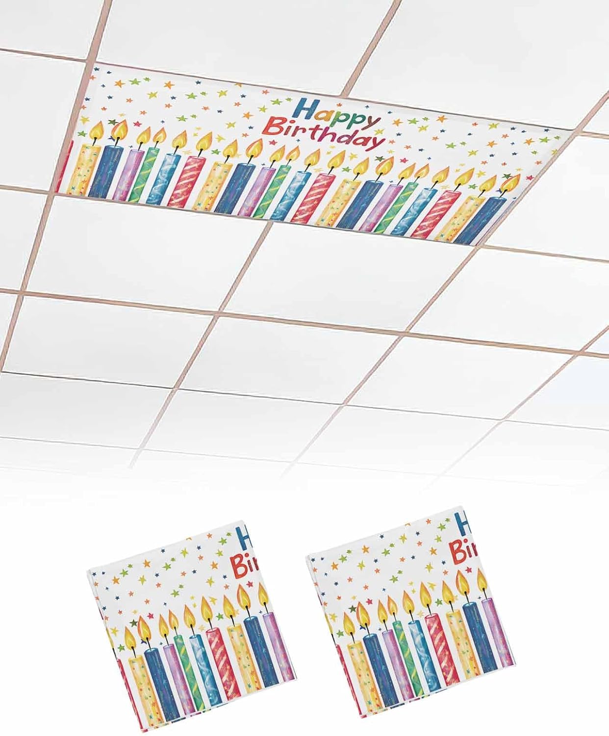 Fluorescent Light Covers - Happy Birthday Colorful Candles Magnetic Light Cover for Ceiling, Birthday Words Fluorescent Light Shade Panel for Classroom Office