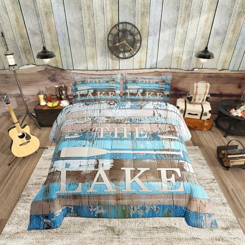 Manfei Lake Camper Comforter Set King Size, Rustic Farmhouse Style Quilt Set with 2 Pillowcases, Blue Wooden Stripe Print Bedding Set 3pcs for Kids Boys Teens Bedroom Decor, Plank Duvet Set