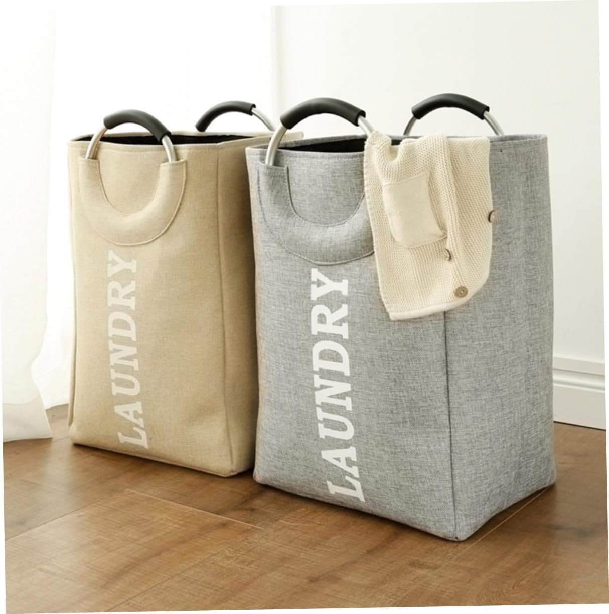 Nordic Style Large Foldable Storage Basket with Aluminum Handles Fabric Laundry Hamper for Bedroom Dorm Nursery Beige Space-saving Clothes Organizer with Sturdy Design