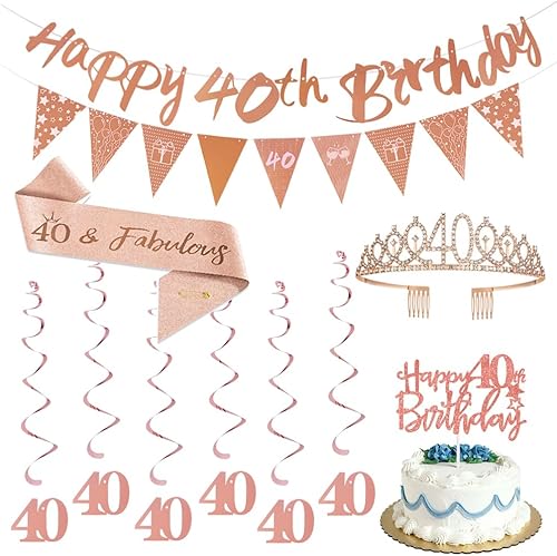 Suministros de fiesta de cumpleaños número 40 para niñas y mujeres, pancarta de feliz cumpleaños, bandeja, tiara, corona, bandera triangular,