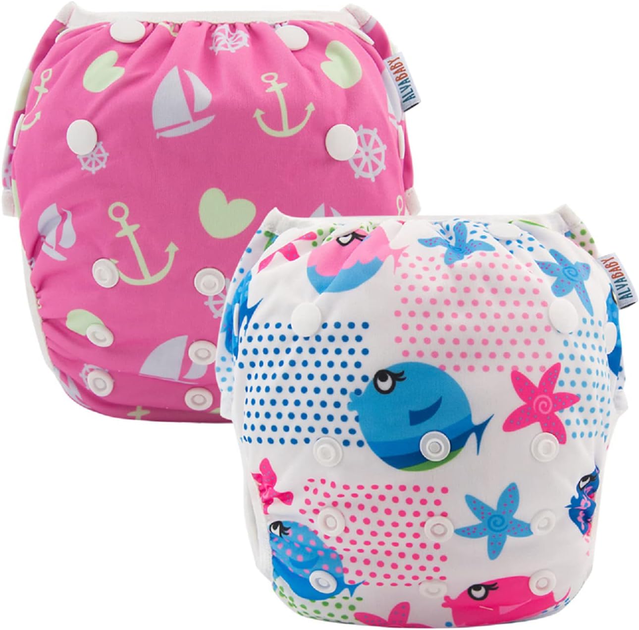 ALVABABY Swim Diapers 2pcs Baby & Toddler Snap One Size Reusable Adjustable Swim Diapers for Swim Classes Small