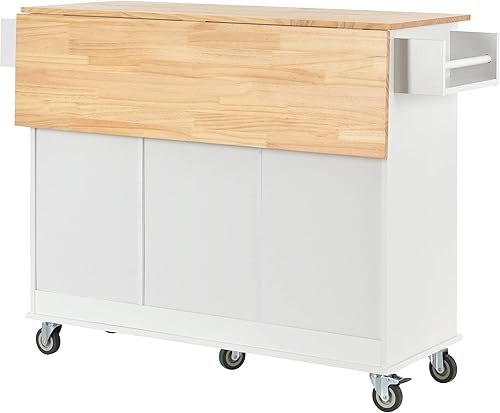 Miniatura 4 de Isla de cocina móvil rodante con parte superior de madera maciza y ruedas de bloqueo, 52.7 pulgadas de ancho, armario de almacenamiento y barra de