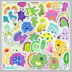 50 calcomanías de gérmenes de dibujos animados para niños, células del virus germinal de dibujos animados, divertidos memes, calcomanías de vinilo impermeables para botella de agua y laptop, paquete