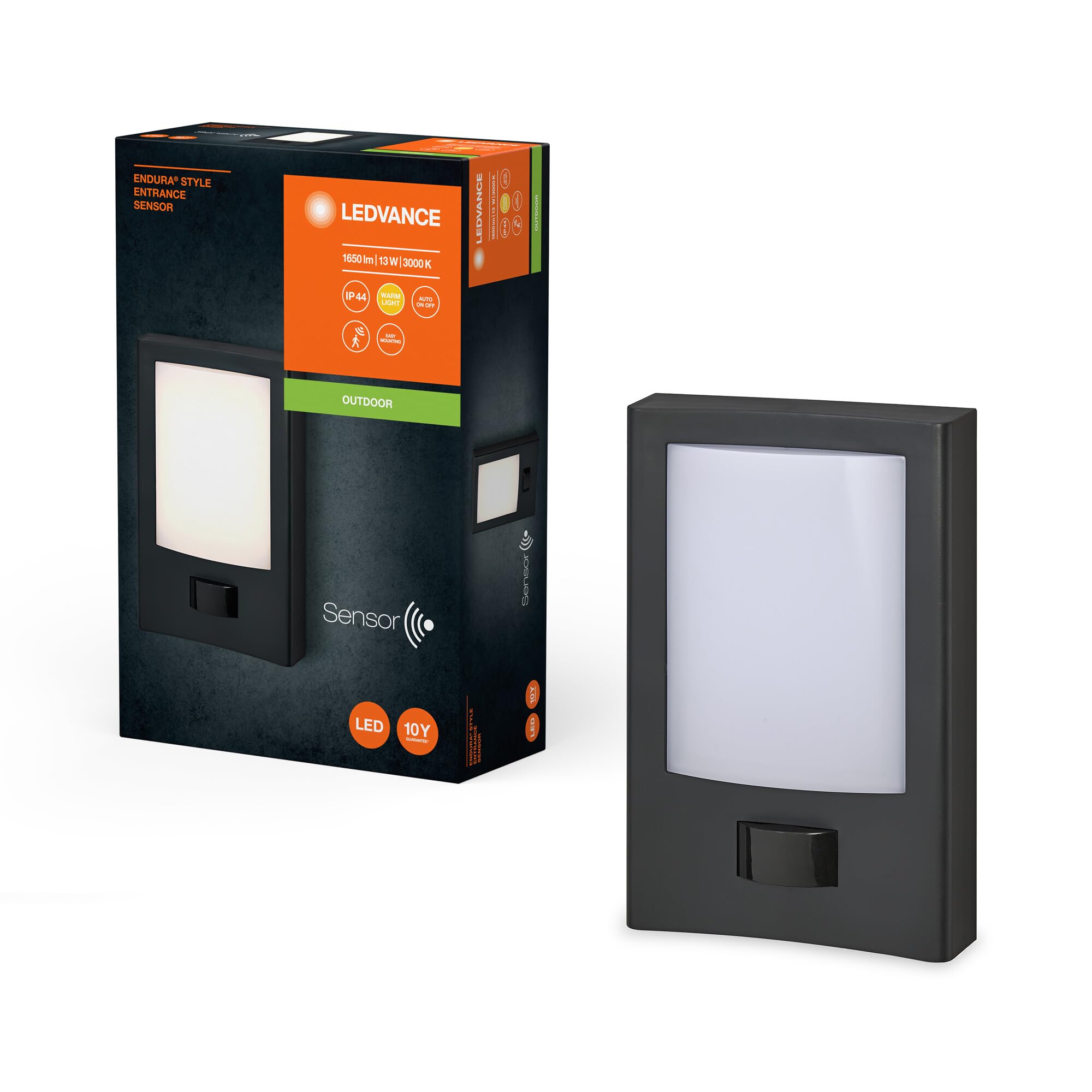 LEDVANCE Endura Style Entrance Outdoor Light, 13W, 900lm, Dark Gray, Motion Sensor, Daylight Sensor, IP44 Protection, 3000K Color Temperature, Warm White Light Color