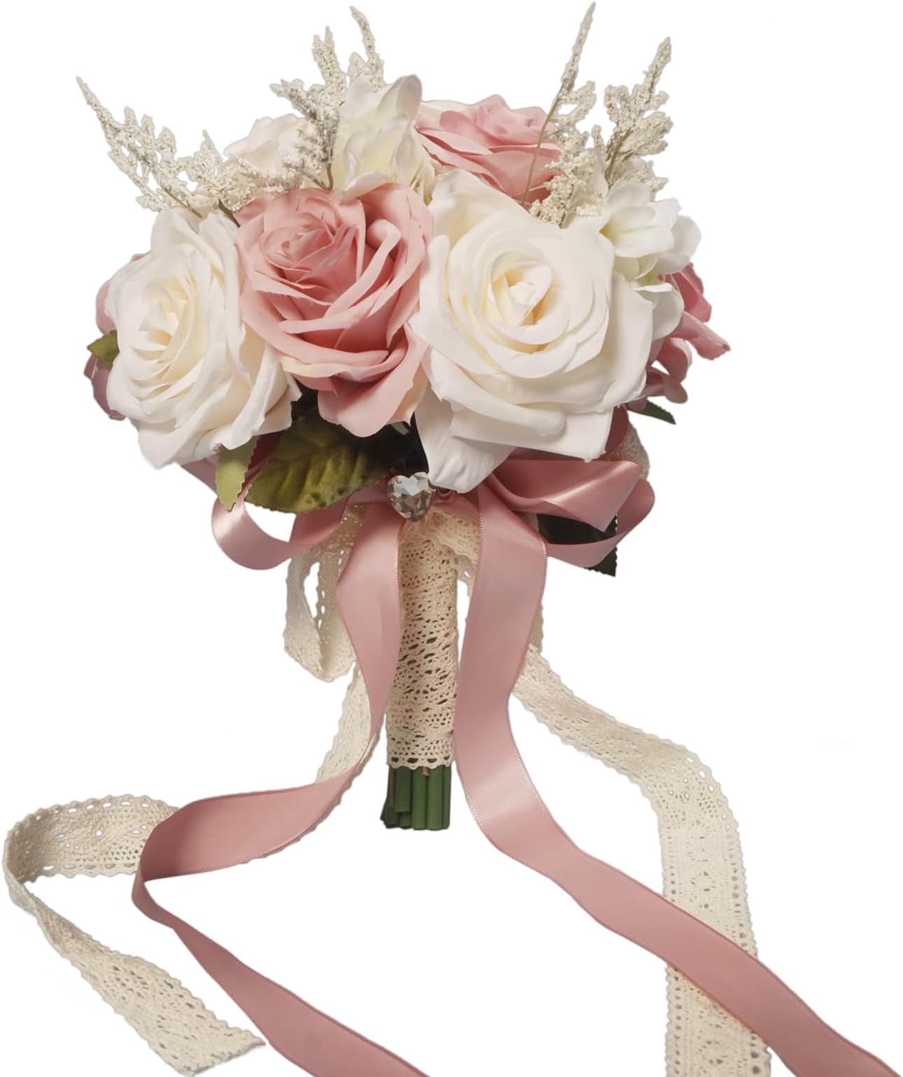 LEIFENY Wedding Bouquets for Bride, Champagne White & Pink Bridal Bridesmaid Wedding Flowers, Artificial Toss Rose for Civil Ceremony (Hollow Lace Ribbon Handle)