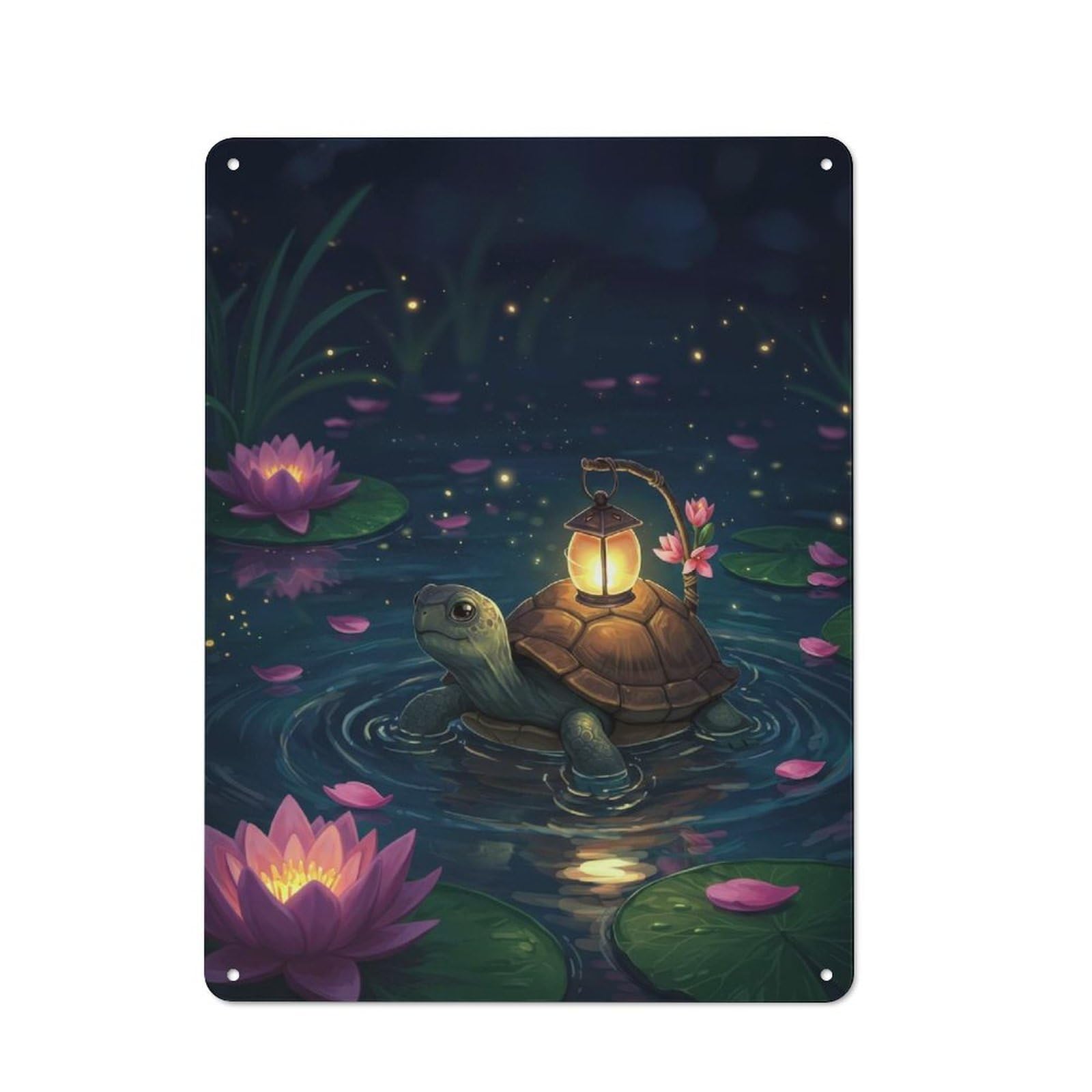 Vintage Tin Sign 40x30cm with Turtle with Lantern in Lily Pond for Hobby Room Or Studio, for Metal Sign Collectors, for Garage And Workshop Walls