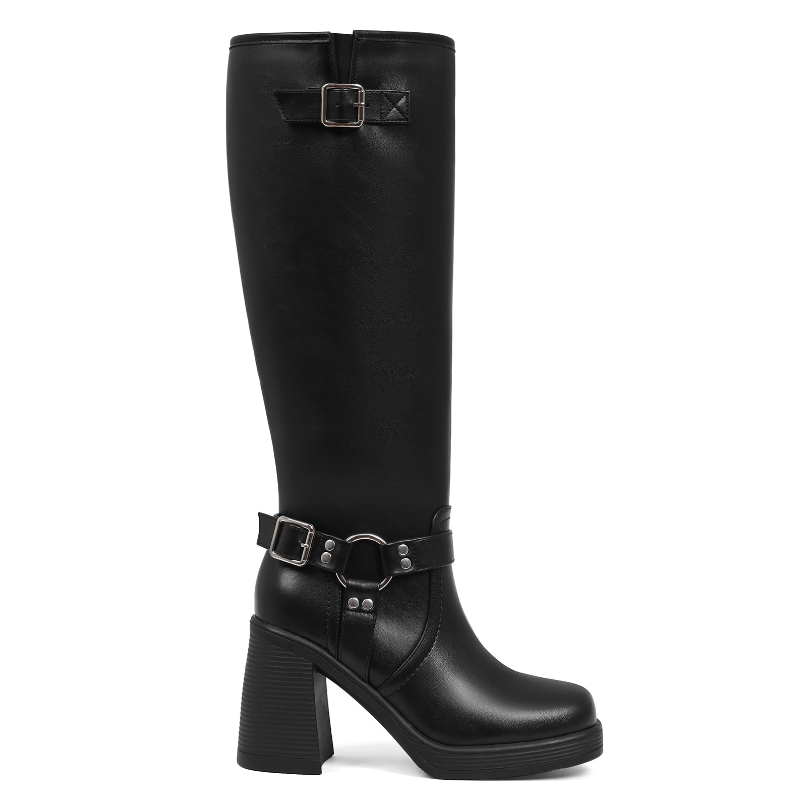 AOSPHIRAYLIAN Knee High Boots Chunky Heel Buckle Calf Boots Womens Square Toe Fashion Shoes with Zipper