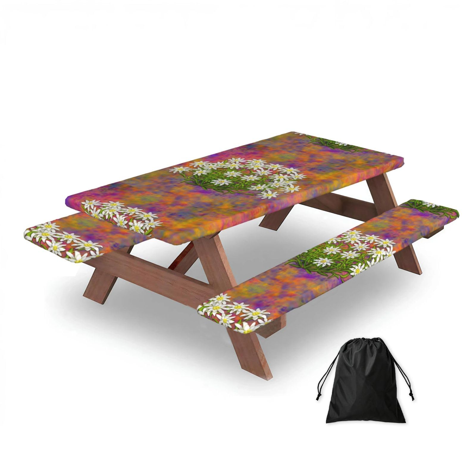 Swiss Edelweiss Flowers, Picnic Table Cover With Bench Covers -Waterproof Elastic Fitted Tablecloth for Garden Camping Patio 76x152cm
