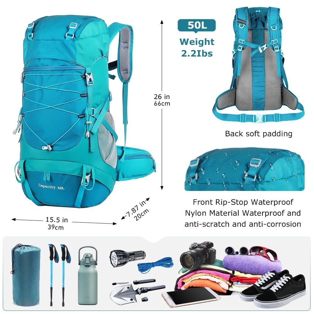 SMYDM - Zaino da trekking con copertura antipioggia, grande capacità, con telaio esterno, per uomo e donna, resistente all'acqua, zaino da campeggio per trekking e viaggi, Rosso, L, Casual
