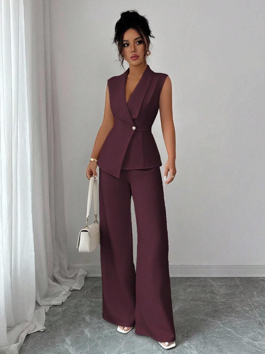 Conjunto Verano Mujer Conjuntos De 2 Piezas Para Mujer Trajes De Oficina Elegantes Blazer Sin Mangas Y Pantalones De Pierna Ancha Conjuntos Casuales Elegantes Para Damas Ideales Para Invitadas A Bod