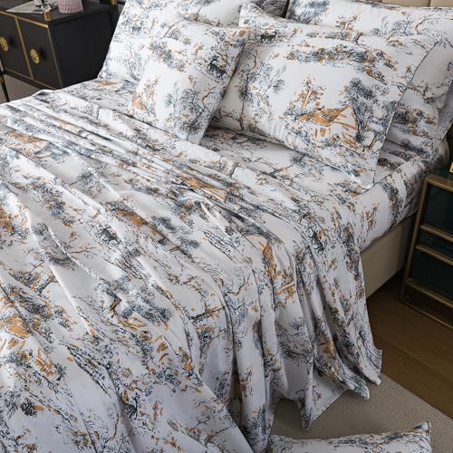 Image of FADFAY Toile Sheets Set King 100% Egyptian Cotton French Country Toile de Jouy Bedding Classic Black and Gold Floral Bed Sheets Shabby Farmhouse Bedding Breathable Soft Deep Pocket 4Pcs, King Size