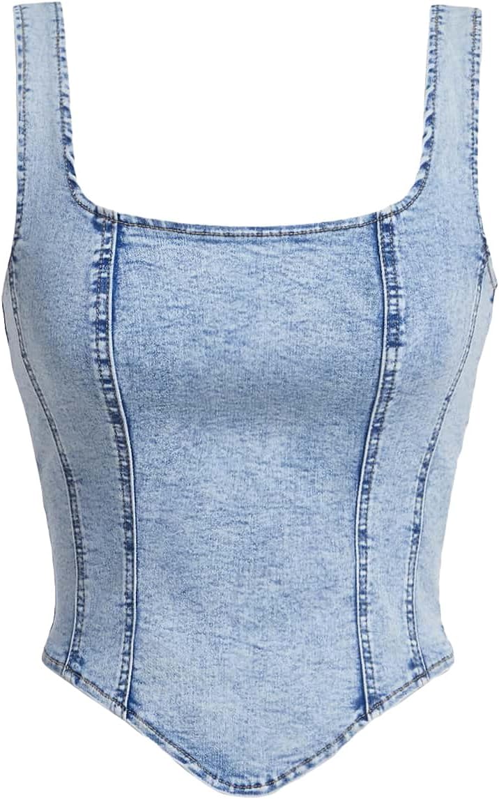 Milumia Women's Square Neck Sleeveless Corset Denim Top Asymmetrical Zip Up Back Crop Tank Tops