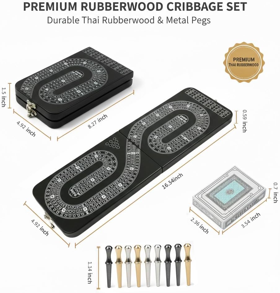 Foldable Wooden Cribbage Board Game Set - Unique S-Shaped 3 Track Black Cribbage Board with Storage, 9 Metal Pegs & Playing Cards - Portable Travel Board Game for Adults, Kids & Seniors