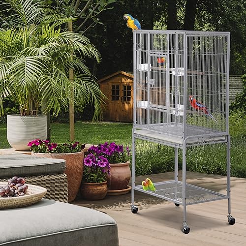 ZENY-53-Inch-Bird-Flight-Cage-Wrought-Iron-Standing-Large-with-Rolling-Stand-for-Cockatiels-Pet-Parrot-Parakeet-Lovebird-Canary-Finch-White