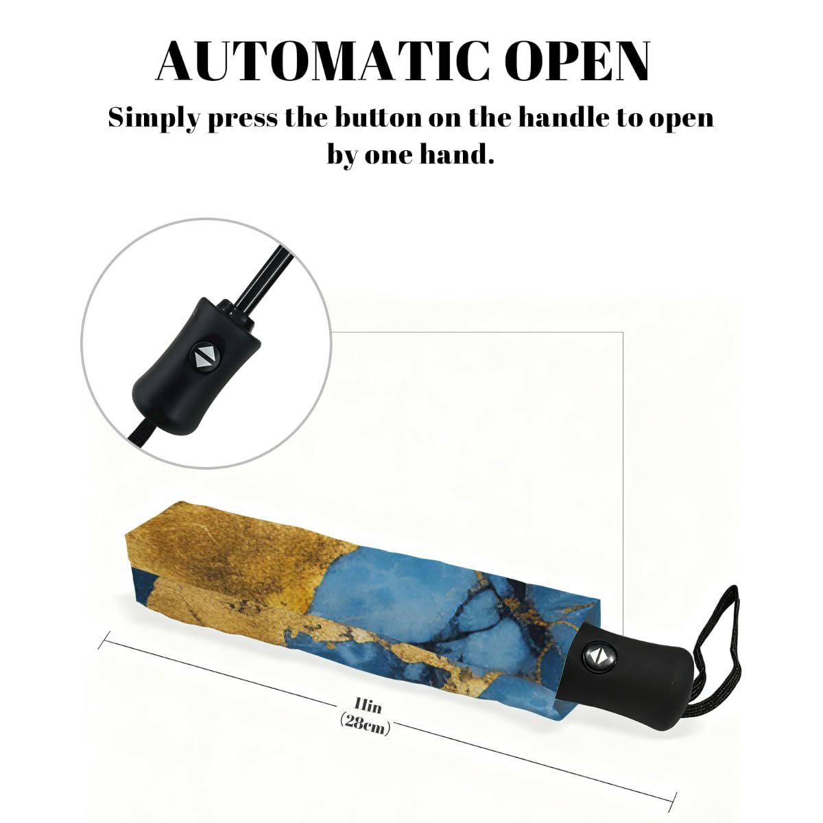 Ombrello pieghevole da viaggio con motivo a crepe blu marmo oro ombrello compatto antivento impermeabile con protezione UV rivestimento nero leggero 8 coste portatile per pioggia sole