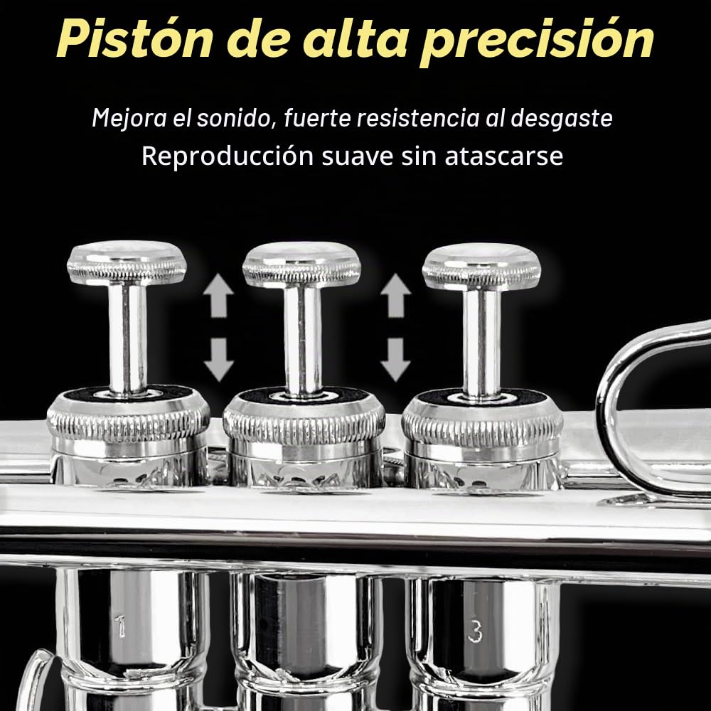Yinfente Juego de trompeta estándar Bb para principiantes o avanzados, instrumento de trompeta de latón para estudiantes con estuche duro, boquilla 7C, kit de limpieza, guantes blancos plateados
