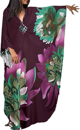 LOUSEA Kaftan Dress for Women Large Flower Print Cover Up Dresses Vneck One-piece Bathingsuit Cover Ups