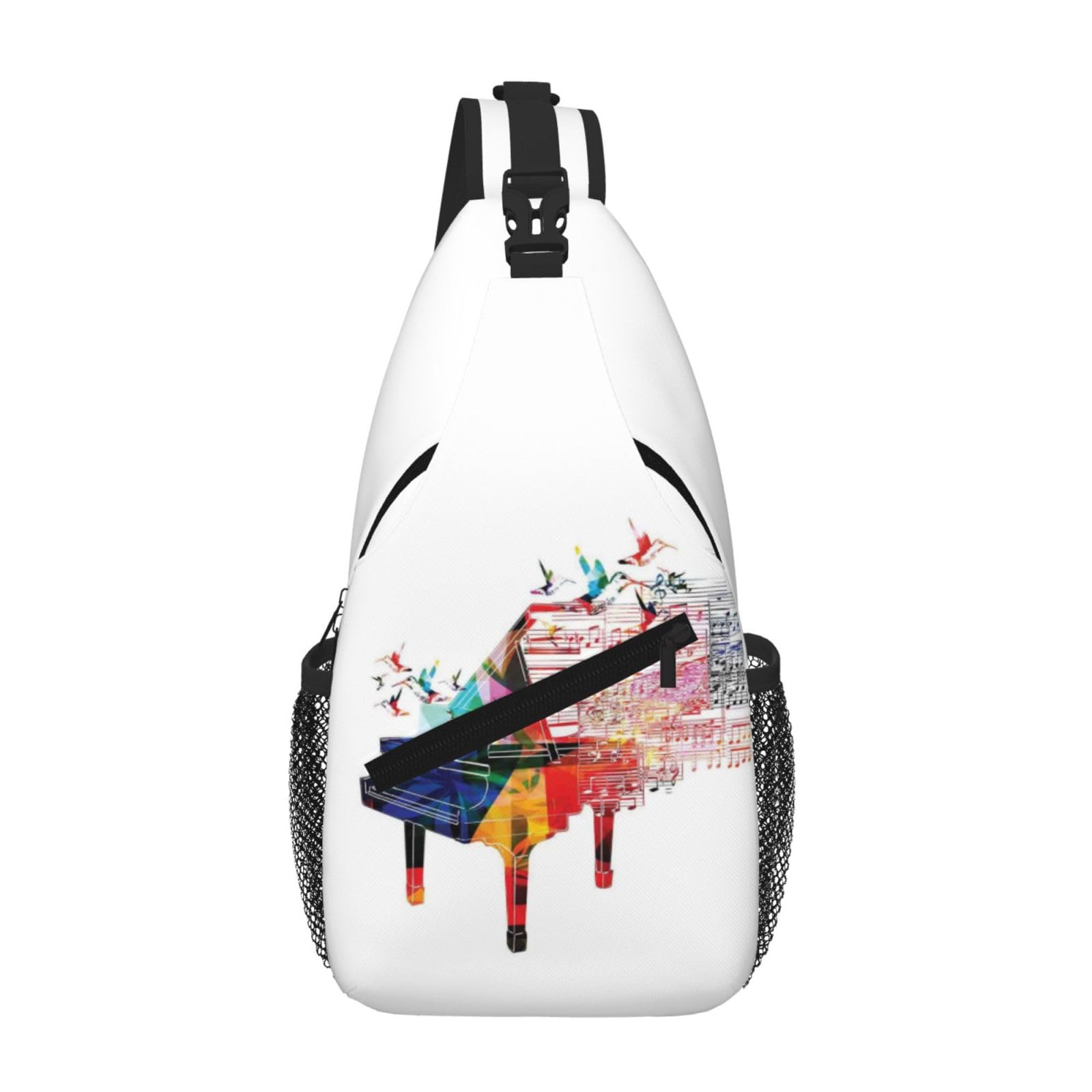Borsa a tracolla colorata con tastiera per pianoforte stampata in diagonale, Nero , Taglia unica