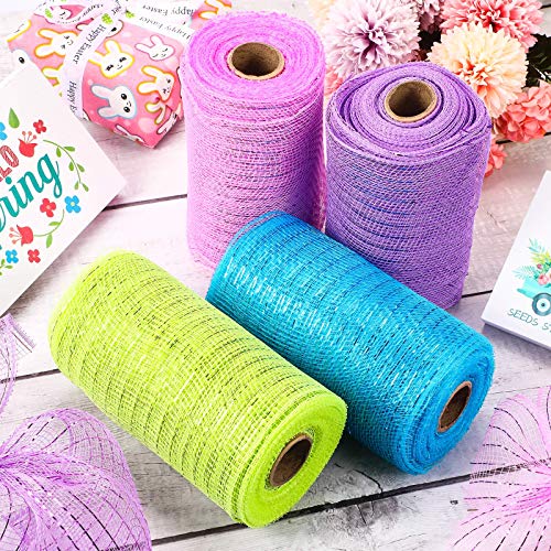 image for Chuangdi 4 Rolls Mesh Ribbons 30 Feet Each Roll Metallic Foil Mesh Rib