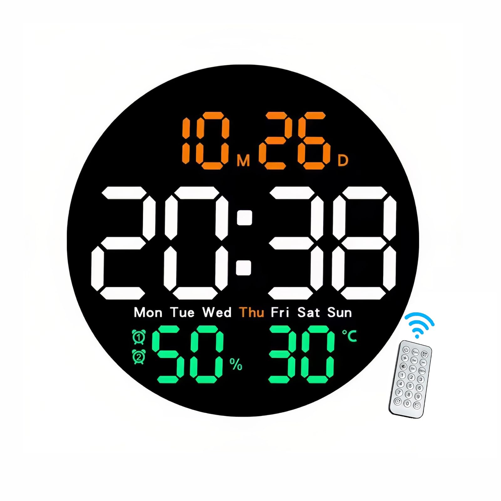 Horloge murale ronde à LED avec thermomètre intérieur et télécommande