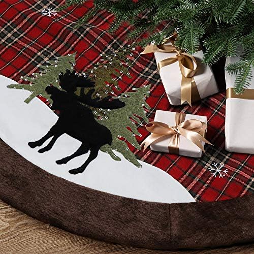 HAUMENLY Rustic Plaid Christmas Tree Skirt with Black Moose Embroidery, Brown Faux Fur Trim Border, Xmas Holiday Decoration - 48 Inch