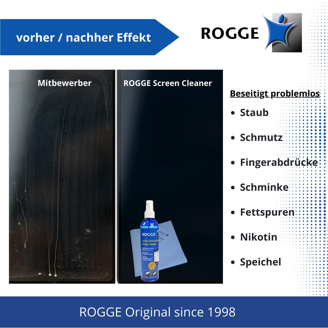 ROGGE Duo-Clean Original Set, 250ml Płyn do czyszczenia ekranu + 2 premium ściereczki mikrofibrowe ROGGE. Czyści wyświetlacze telefonów, laptopów i telewizorów - LCD, LED, OLED, QLED, TFT usuwa plamy